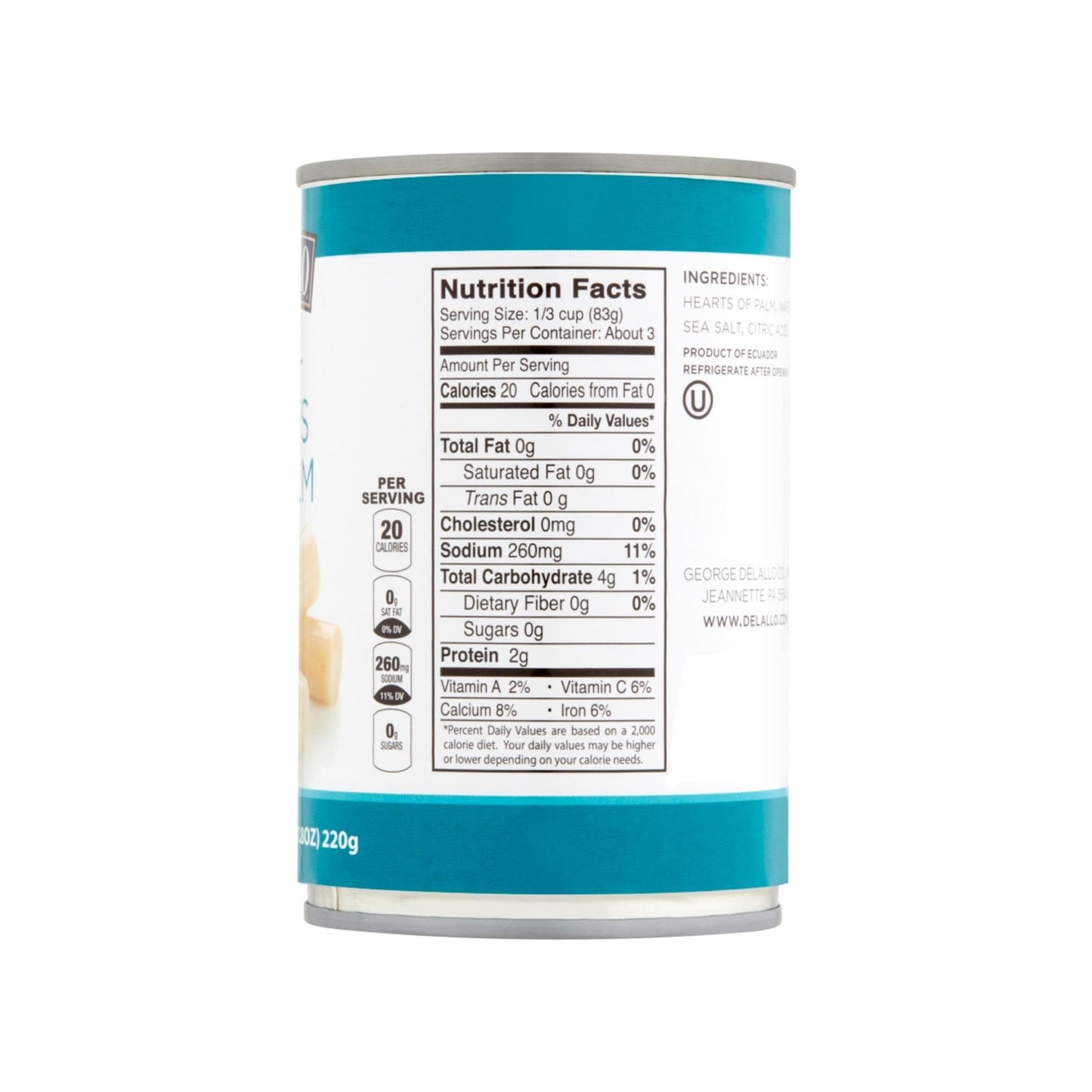 DeLallo Whole Hearts of Palm, All Natural, Harvested in South America, Low Fat and Low Calorie, Unique Canned Vegetable for Topping Salads and Snacking, Non-GMO, Kosher, Gluten-Free, 14.1 oz Can, (6 Pack)