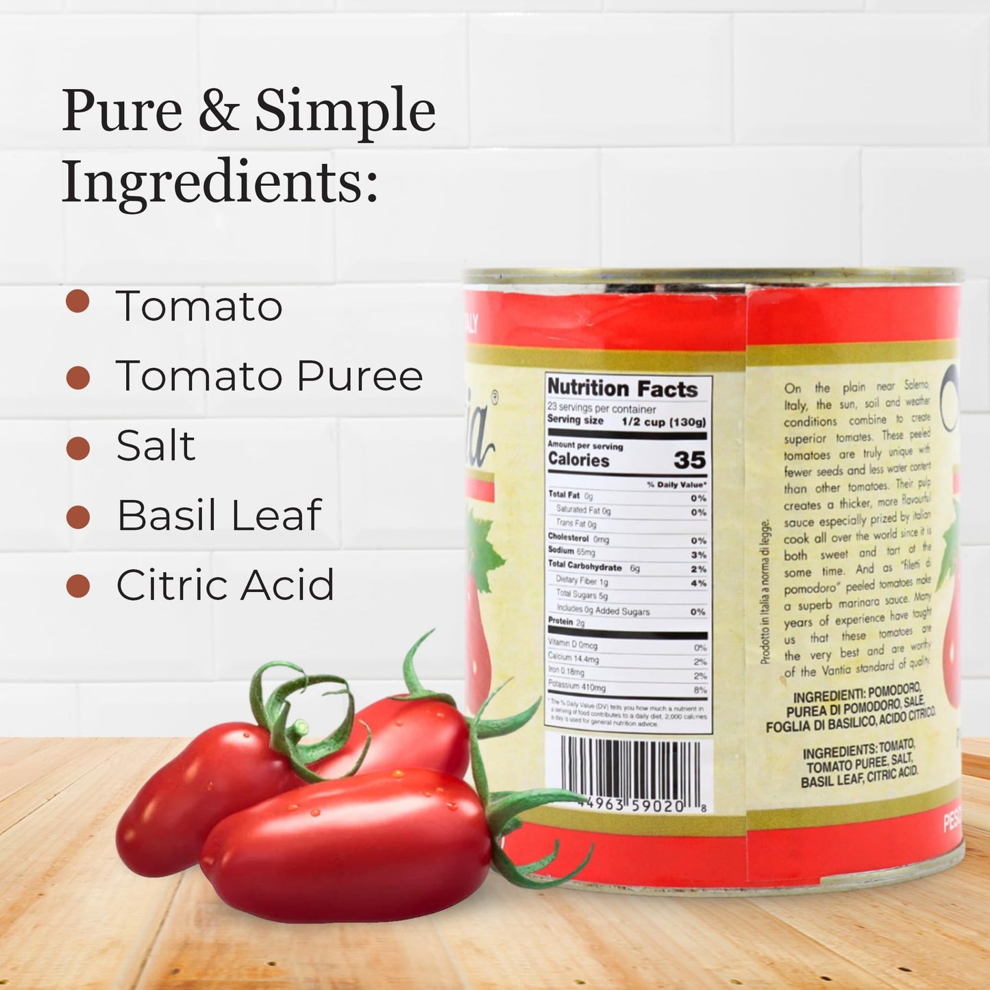 Vantia Peeled Italian Tomatoes with Basil 28 oz Can – Imported Italian Whole Tomatoes in Rich Juice with Basil, Ideal for Pasta Sauce, Pizza, Soups & Authentic Italian Cooking