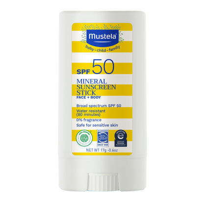 Mustela Baby Mineral Sunscreen Stick SPF 50 Broad Spectrum - Face & Body Sun Stick with 70% Organic Ingredients - Ultra Sheer, Water Resistant & Fragrance-Free - 0.6 oz.