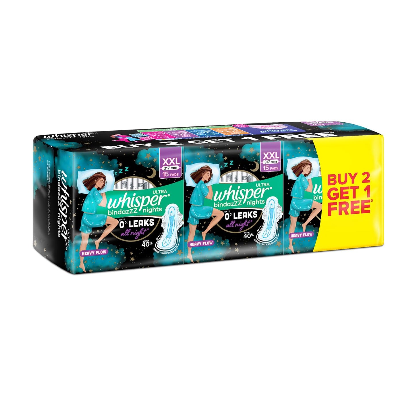 Whisper Ultra Night Sanitary Pads for Women, XL+ 15 (Pack of 3) Napkins