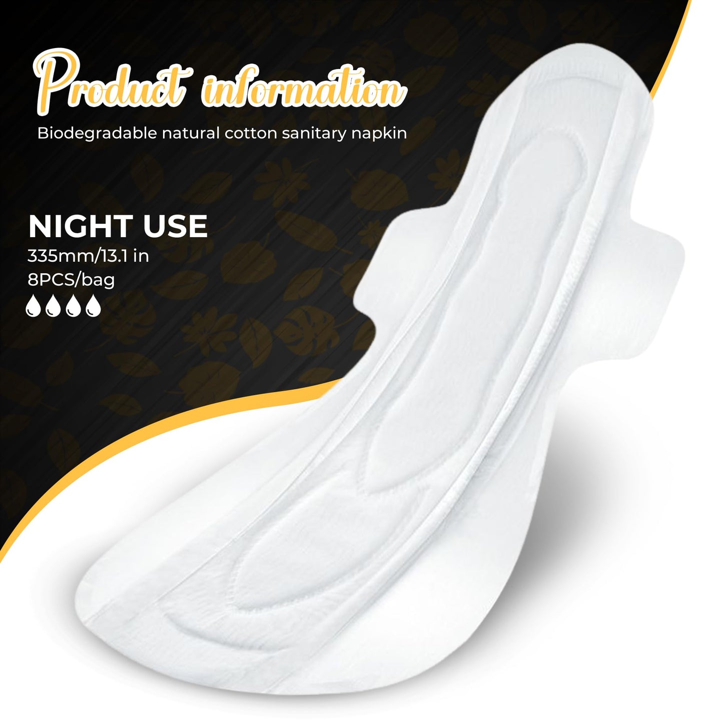 Biodegradable Sanitary Pads with Wings – Organic Cotton for Women | Overnight, Period, Organic Pads with 100% Cotton Topsheet- (335mm)