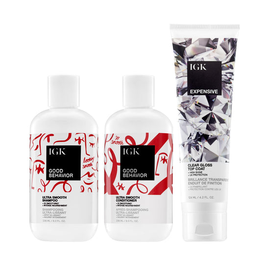 IGK Good Behavior Shampoo + Good Behavior Conditioner + Expensive Shine Gloss Treatment – Hair Cleansing, Hydrating & Smoothing Trio for Frizz Control, Shine & Manageability – Vegan & Cruelty-Free