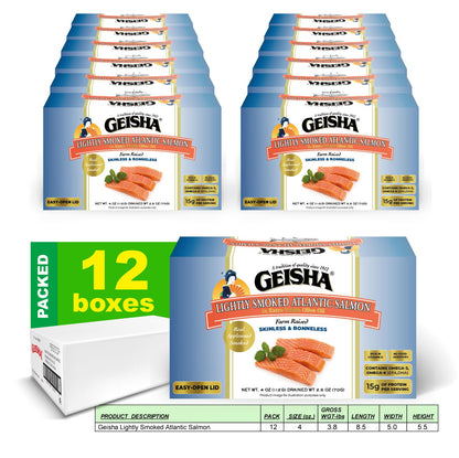 GEISHA Lightly Smoked Atlantic Salmon(Skinless & Boneless) in Extra Virgin Olive Oil 4.00 OZ. (Pack of 12), Farm Raised Chilean Atlantic Salmon | No Trans fat － NON-GMO － BPA NI－Excellent Source of Protein－Ready to Eat －Rich in Vitamin D – Extra...