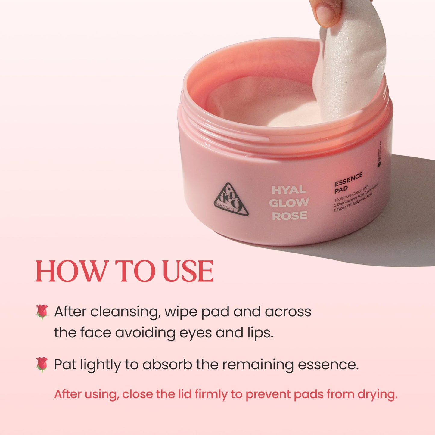 Neogen DERMALOGY Hyal Glow Rose Essence Pad – Hydrating, Firming & Radiance Boosting Toner Pads Infused with Rose Water, Niacinamide, Adenosine & 8 Types of Hyaluronic Acid 70 Pads / 4.6fl.oz