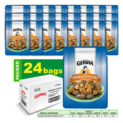 GEISHA Smoked Oysters in Sunflower Oil 3.53oz(Pack of 24), Smoked Oysters | Zero Trans Fat - No Sugar Added – Farm Raised – Good Source of Iron – Gluten Free – Good Source of Protein