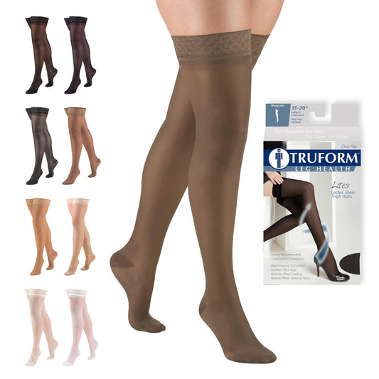 Truform Sheer Compression Stockings, 15-20 mmHg, Women's Thigh High Length, 20 Denier, Espresso, X-Large