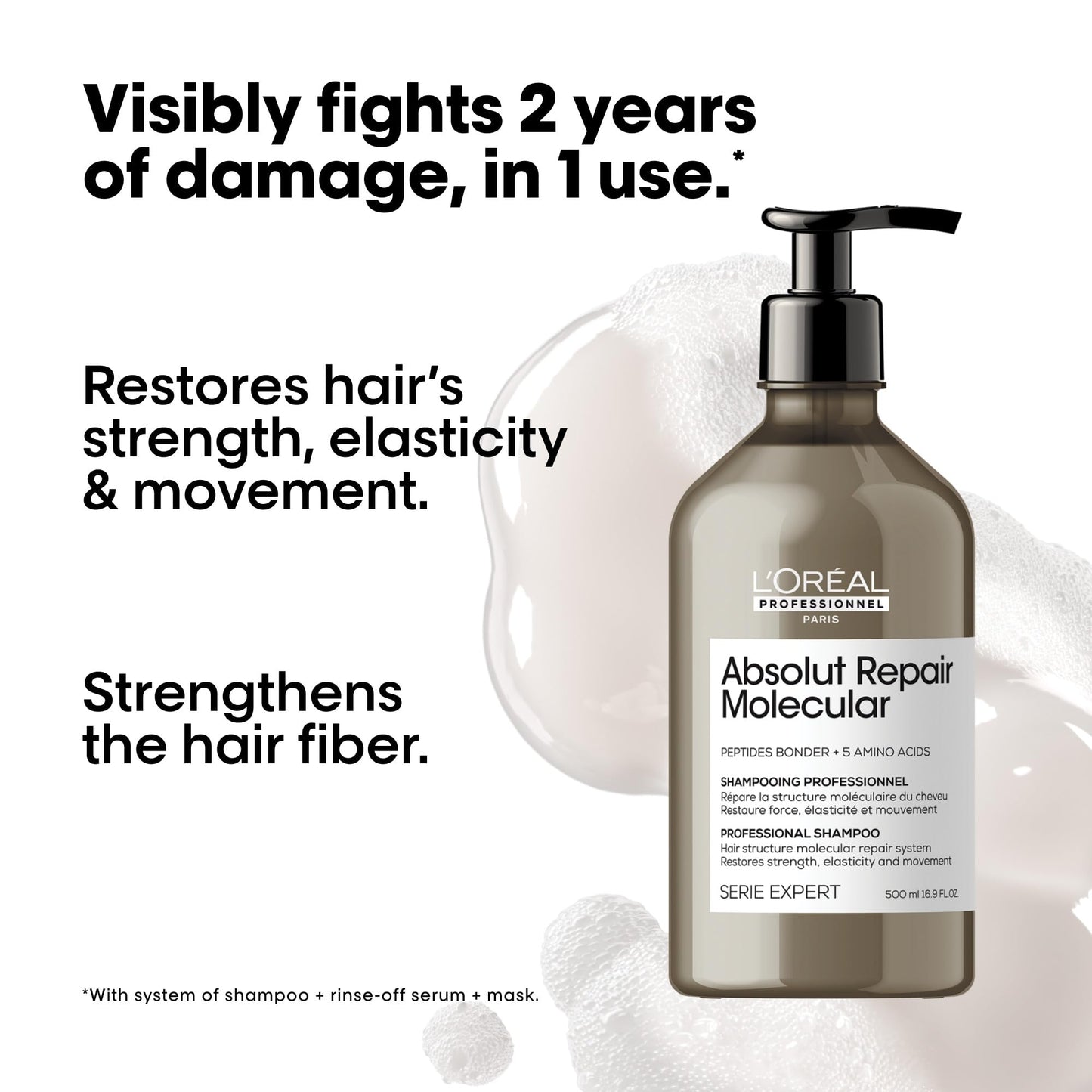 L'Oréal Professionnel Paris Absolut Repair Molecular Shampoo - Repairs Damage & Restores Strength For All Damaged Hair, With Peptide Bonder & Amino Acids, Sulfate-Free