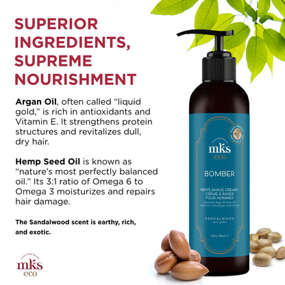 MKS eco for Men Bomber Shave Cream, Sandalwood Scent - 10 oz - Softens Beard to Reduce Resistance & Irritation, Moisturizes Skin - With Hemp Seed & Argan Oils - Vegan, Cruelty Free