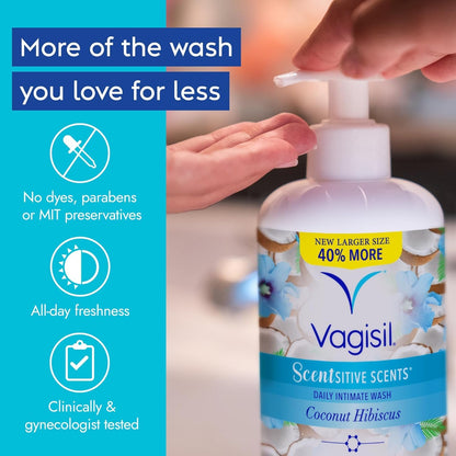 Vagisil Feminine Wash for Intimate Area Hygiene, Scentsitive Scents, pH Balanced and Gynecologist Tested, Coconut Hibiscus, 16.9 oz with Pump
