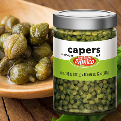 FRATELLI D'AMICO Capers, #9 Premium Quality Italian Capers in Brine, Non-GMO, Product of Italy, Net Wt. 19.5 oz, Drained Wt.12 oz