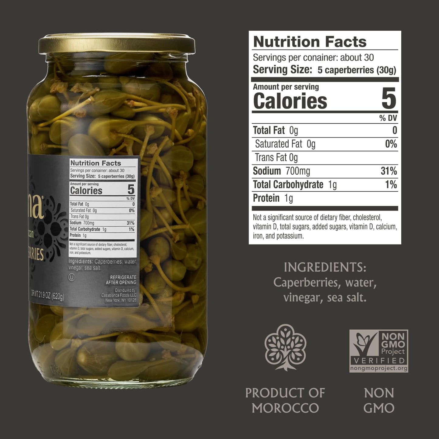 Mina Caperberries 33.5 oz, Premium Caper Berries with Stems, Perfect Mediterranean Seasoning or Garnish, Made with Caperberries, Vinegar, Water, and Sea Salt, Non-GMO, Vegan, Gluten-Free, Keto, Paleo