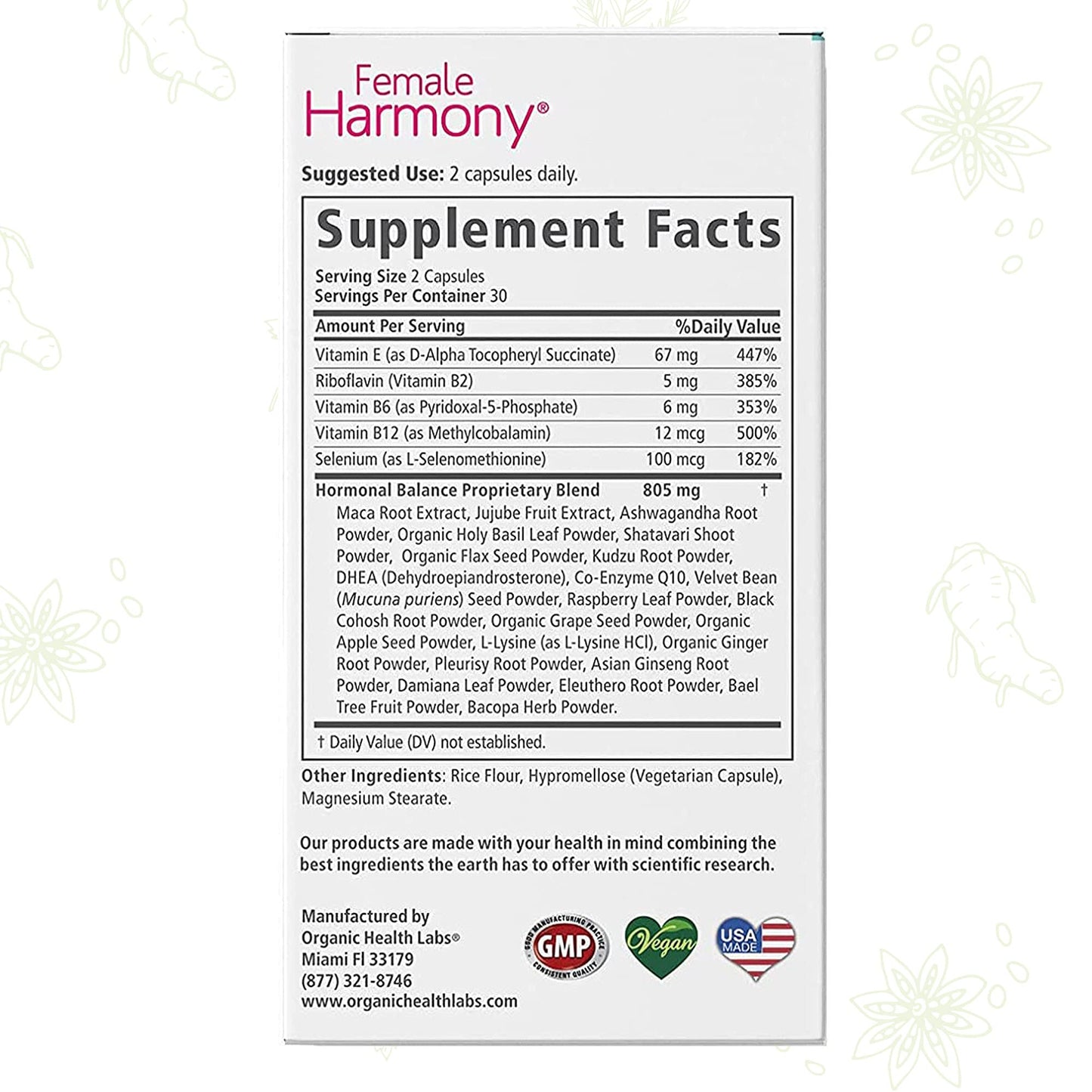 Organic Health Labs Female Harmony Natural Hormonal Support for Women, 60 Veggie Capsules
