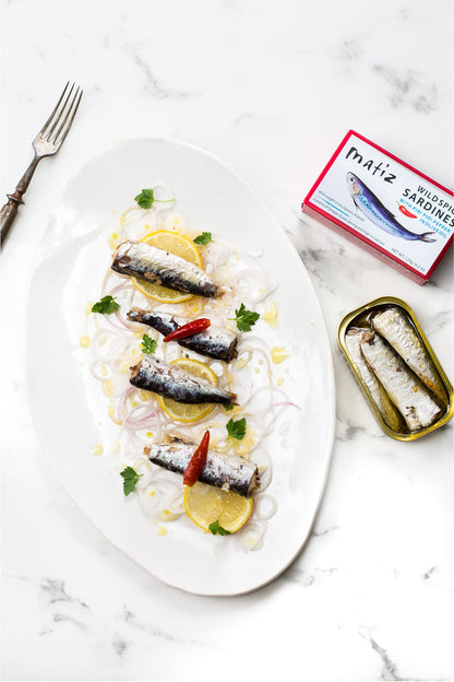 Matiz Spicy Wild Spanish Sardines in Olive Oil and Piri Piri Pepper, 4.2 oz (4.2 Ounce (Pack of 5))
