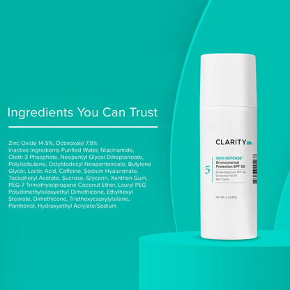 ClarityRx Skin Defense Broad-Spectrum SPF 50, Natural Plant-Based Moisturizing Face & Body Sunscreen With Zinc & Hyaluronic Acid (2 Oz)