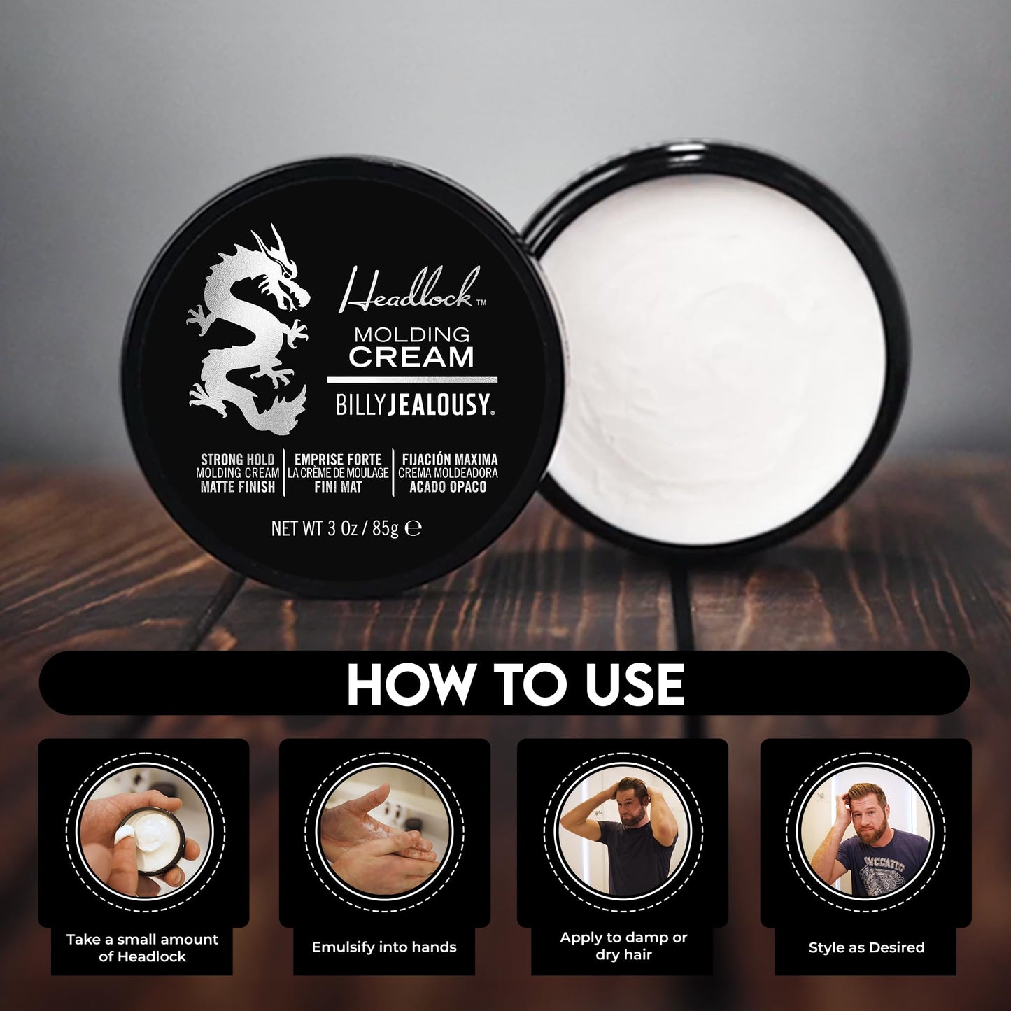 Billy Jealousy Headlock Hair Molding Cream, Hair Styling Cream for Men with Strong All-Day Hold, Natural Matte Finish Styling Agent for All Lengths, 3 Ounce