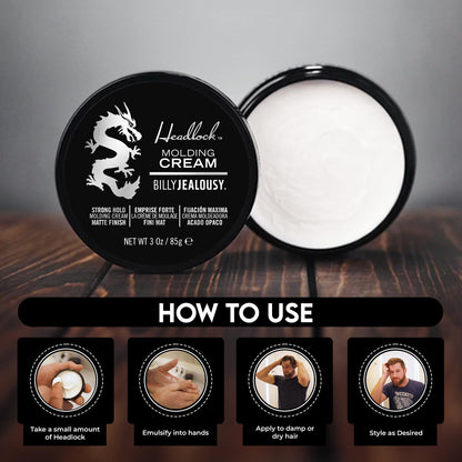 Billy Jealousy Headlock Hair Molding Cream, Hair Styling Cream for Men with Strong All-Day Hold, Natural Matte Finish Styling Agent for All Lengths, 3 Ounce