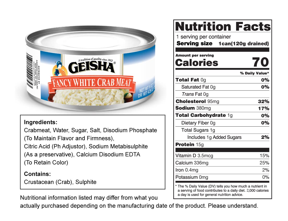 GEISHA Fancy White Crab Meat 6OZ. (Pack of 12), Swimming Crab| Hand Packed － Good Source of Protein － Wild Caught －Carefully Selected