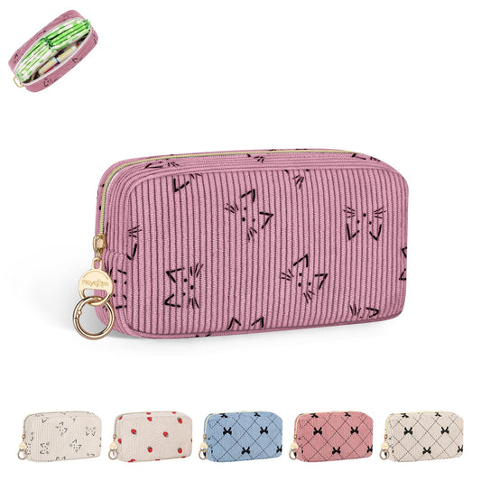 Corduroy Tampon Holder for Purse, Cute Period Bag with Ring Buckle, Portable Tampon Bag Organizer Case for Feminine Products (Cats-Pink)