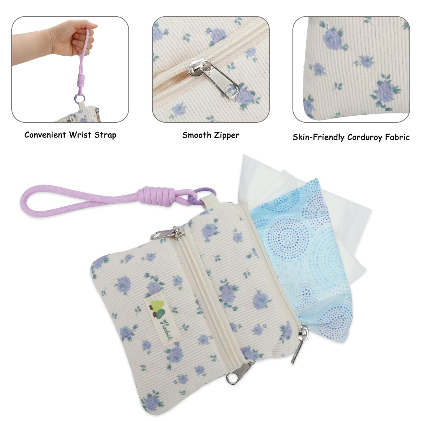 Cute Corduroy Period Bag for Purse, Discreet Zipper Sanitary Pad & Tampon Holder, Portable Coin Storage Pouch, Thoughtful First Period Gift (Blue Rose)