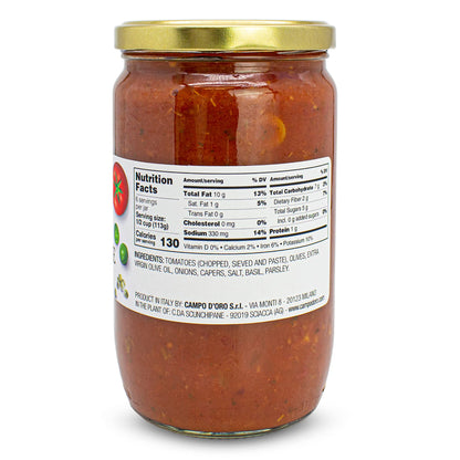 CAMPO D'ORO - Italian Puttanesca Tomato Sauce, 24 oz, Italian Homemade style Pasta Sauce, Spaghetti Sauce from Italy.