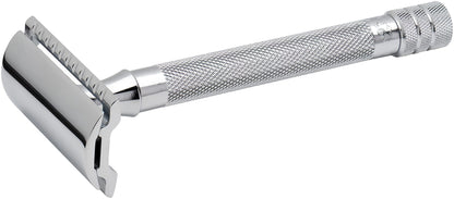 MERKUR 23C Double Edge Safety Razor - Polished Chrome, Long Knurled Brass Handle, Made in Germany, Plastic-Free, Three Piece Design, Closed Comb, Straight Bar