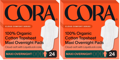 Cora 100% Organic Cotton Topsheet Pads (24 Maxi Overnight Pads) (Pack of 2)