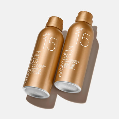 Hampton Sun SPF 15 Continuous Mist Sunscreen, Broad Spectrum UVA/UVB | Advanced Water + Sweat Resistance, Antioxidant-Rich Vitamin E + Aloe for Hydrated, Radiant Skin, Glowy Finish and Oil-Free.