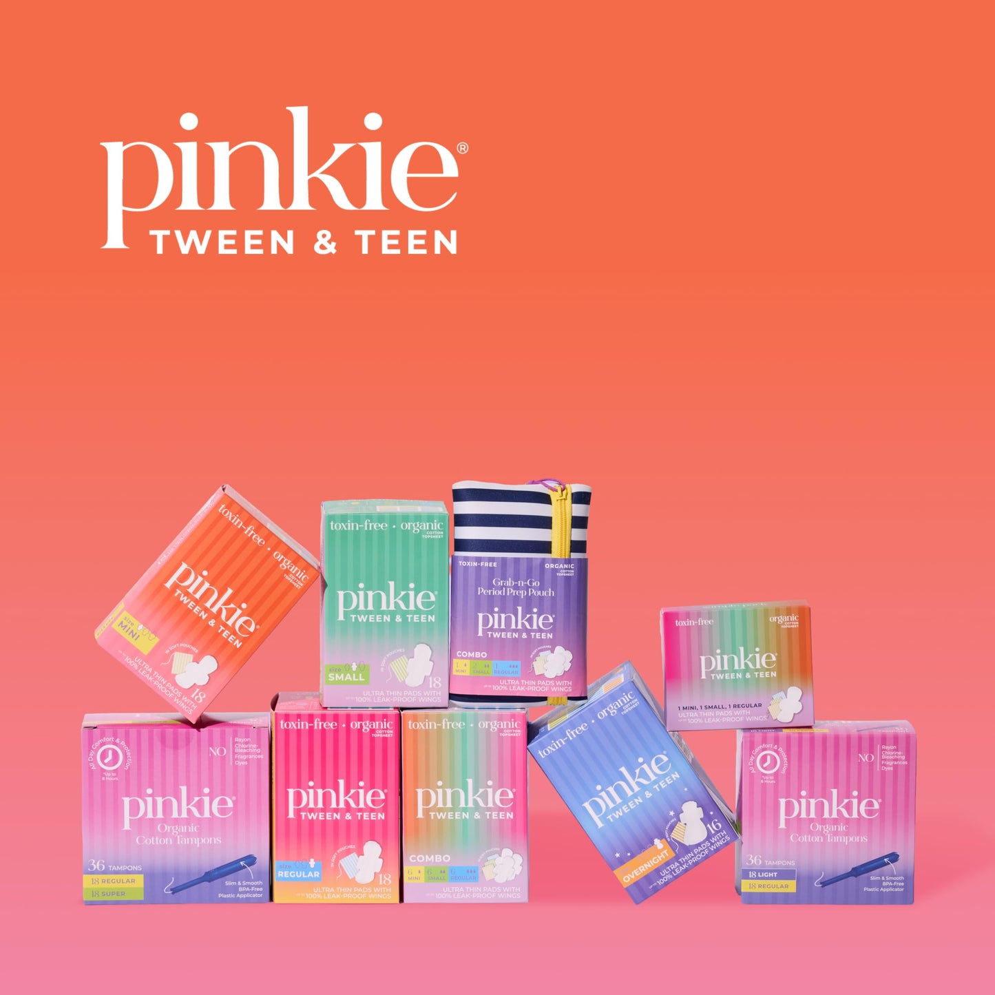 Pinkie First Period Prep Bundle - Combo Pack + Pouch - Includes 22 Organic Cotton Topsheet Pads - Mini, Small and Regular Size Pads with Wings - Period Travel Kit - Fragrance and Chlorine-Free