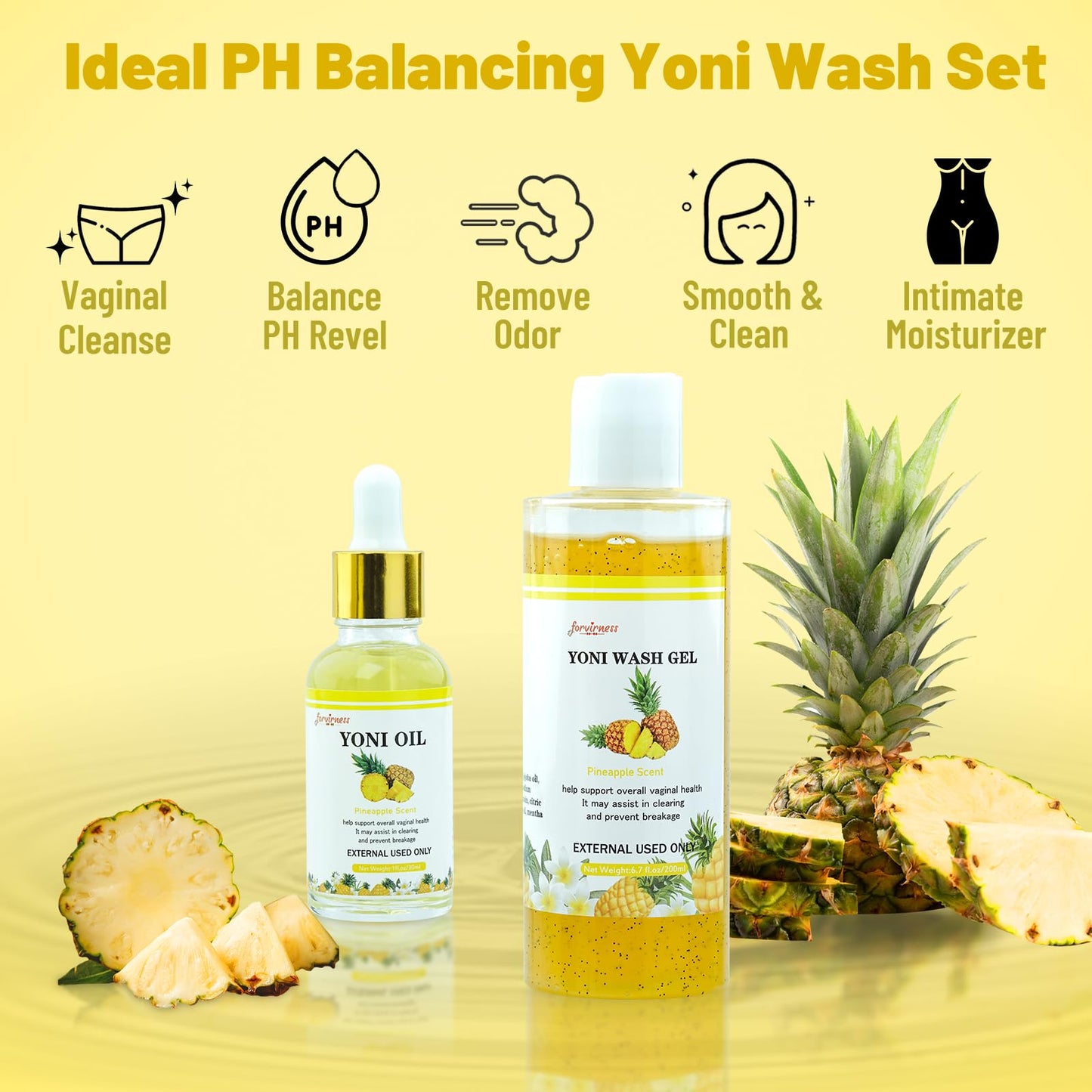 Natural Yoni Wash Yoni Oil Set, Feminine Wash for Women ph Balance, 1 fl.oz Feminine Oil & 6.7 fl.oz Intimate Wash - Pineapple Scent