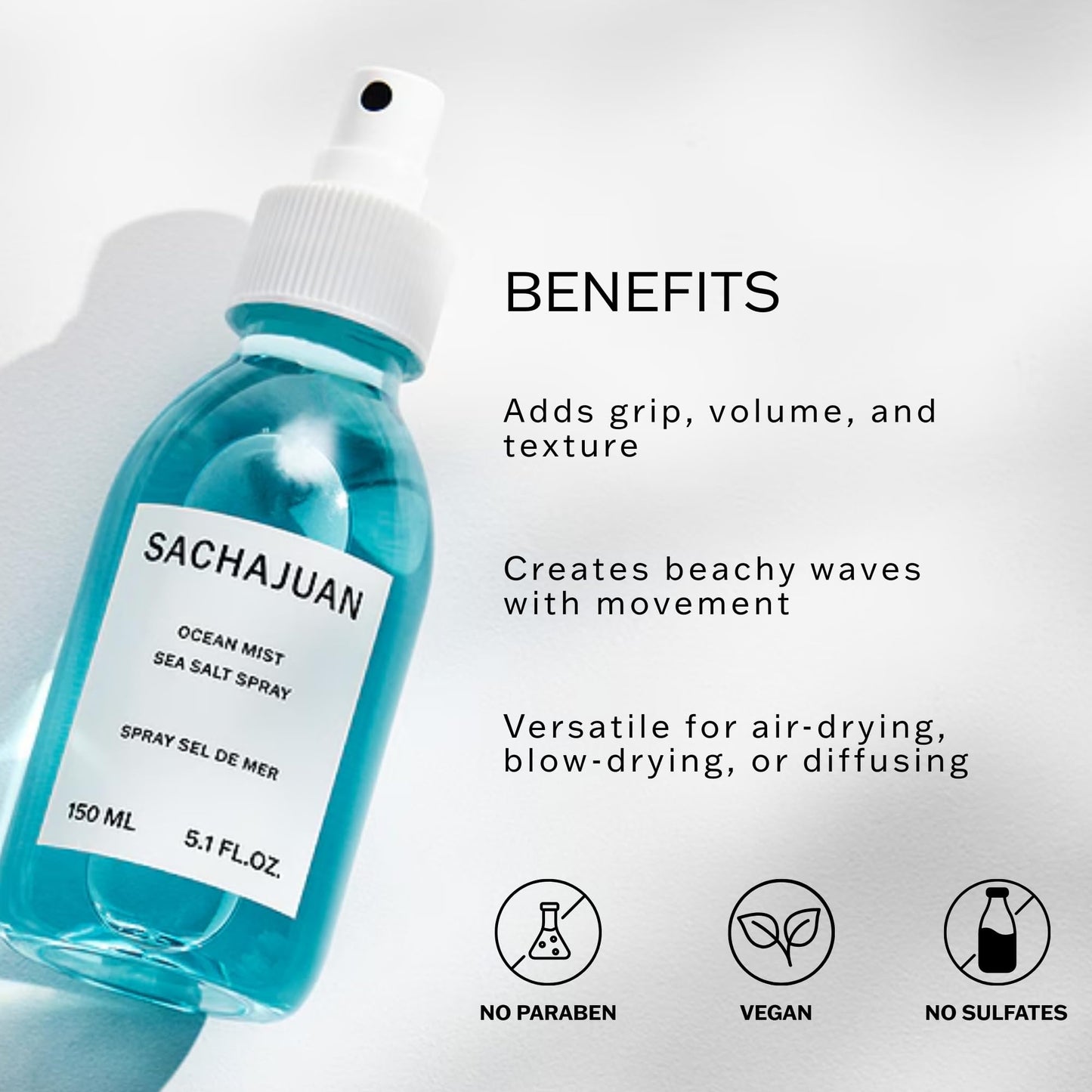 SACHAJUAN Ocean Mist Sea Salt Spray | Professional Texturizing Spray for Effortless Beach Waves | Instant Volume & Body with Matte Finish | Ocean Silk Technology | 5.1 fl oz