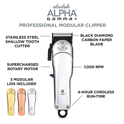 GAMMA+ Absolute Alpha Professional Modular USB Cordless Clipper with 5 Dub Magnetic Guards, Matte Silver, Rose Gold, and Gold