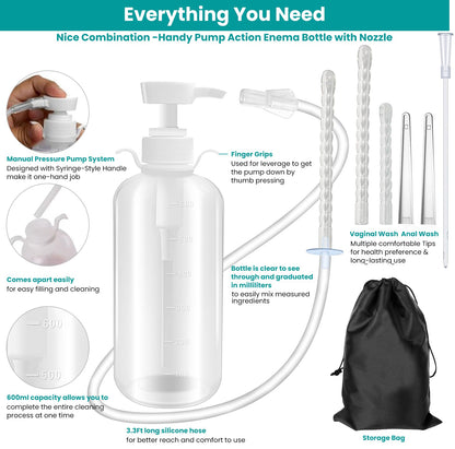 600ml Feminine Wash Enema Pump Bottle Kit 6Pcs Enema Nozzle Tips for Coffee Colon Cleansing Men Women, Anal Vaginal Douche Flush Spray Intimate Shower Irrigator Cleanser Enema Bucket Kit Hand Press