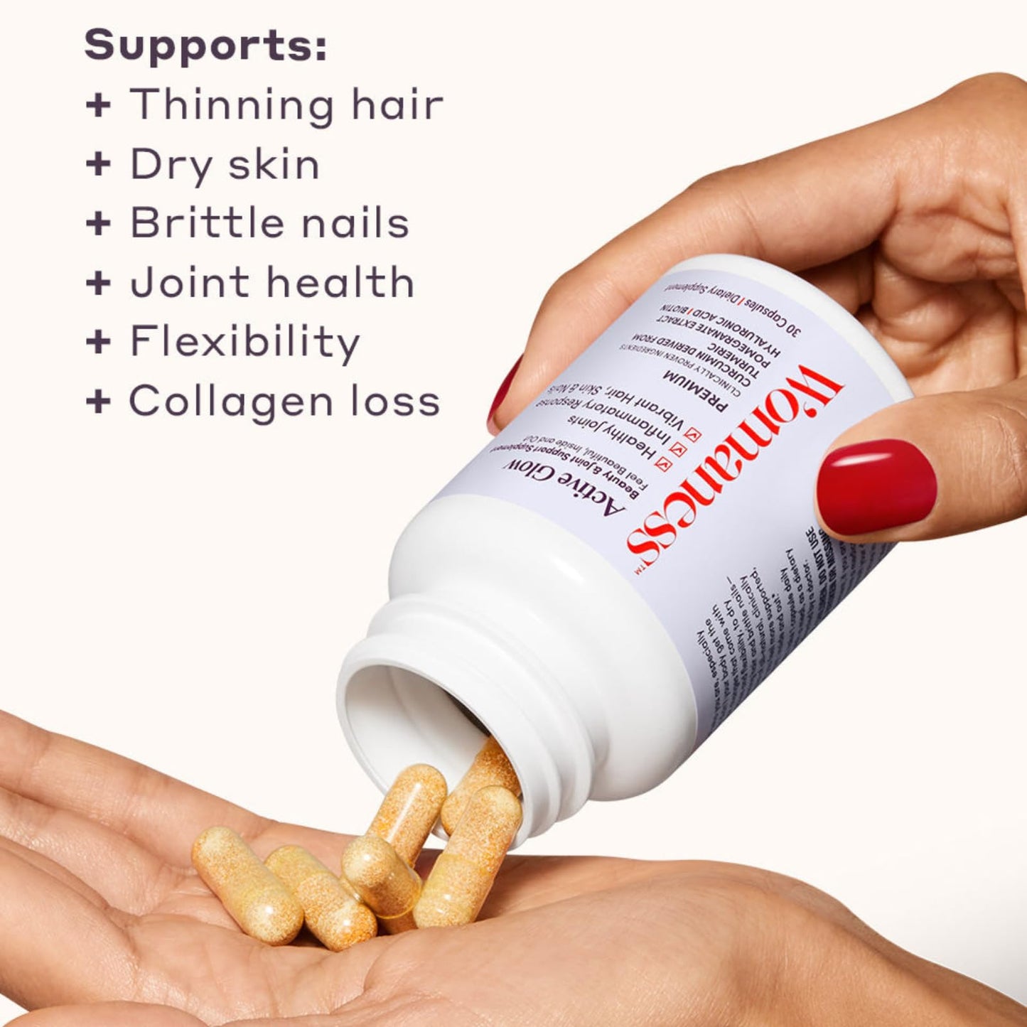 Womaness Active Glow Hair Skin and Nails Vitamins for Women - Hair Growth Vitamins with Hyaluronic Acid - Biotin and Curcumin - Nail Care, Joint Support and Glow Supplements for Dry Skin - 30 Capsules