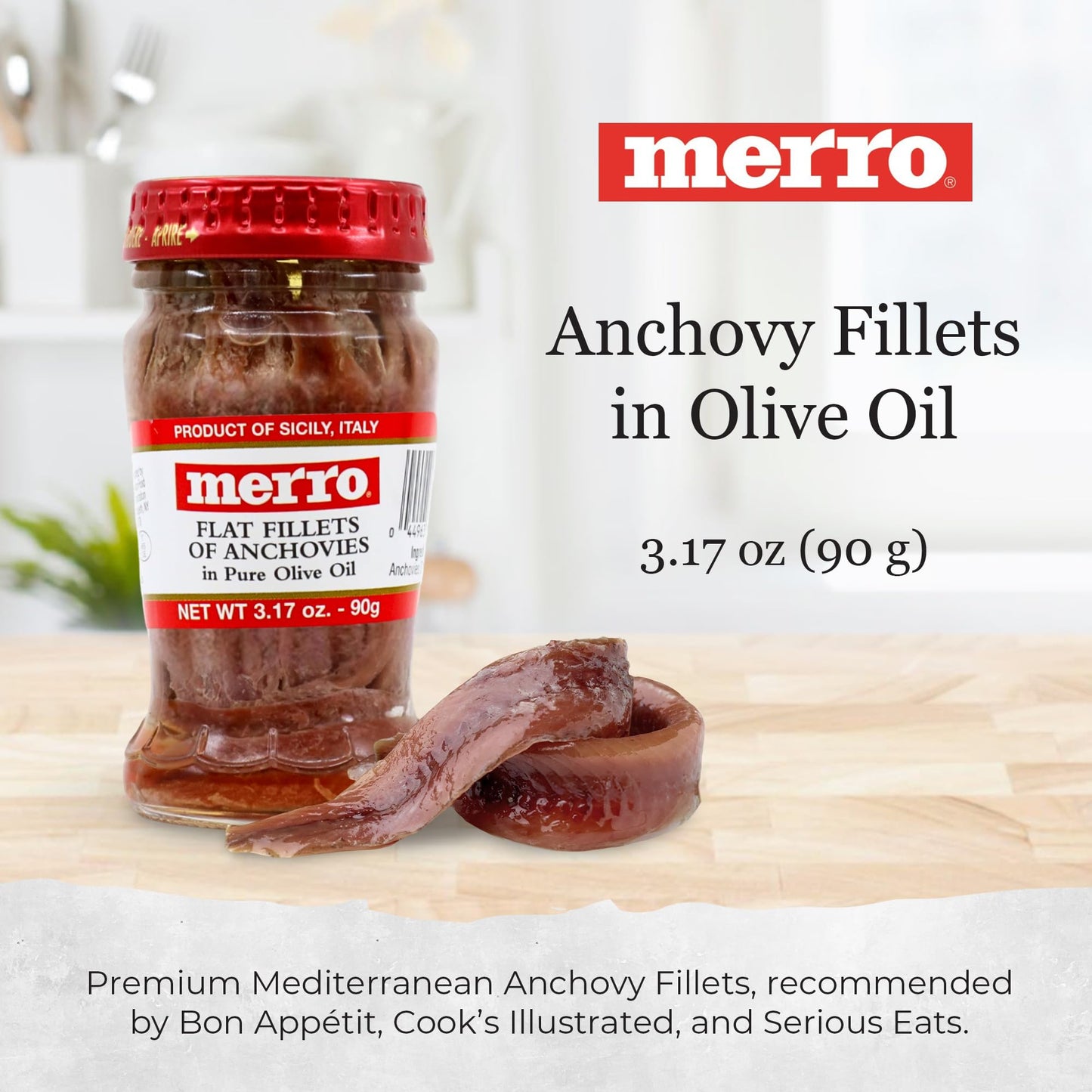 Merro Anchovy Fillets in Olive Oil 3.1 oz – Imported Italian Hand-Packed Anchovies, Rich Umami Flavor for Caesar Salad, Bagna Cauda, Sauces, Stews & Gourmet Cooking