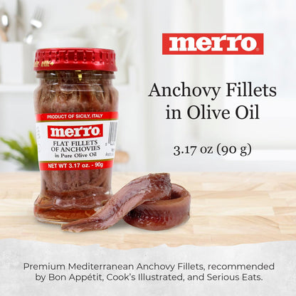 Merro Anchovy Fillets in Olive Oil 3.1 oz – Imported Italian Hand-Packed Anchovies, Rich Umami Flavor for Caesar Salad, Bagna Cauda, Sauces, Stews & Gourmet Cooking
