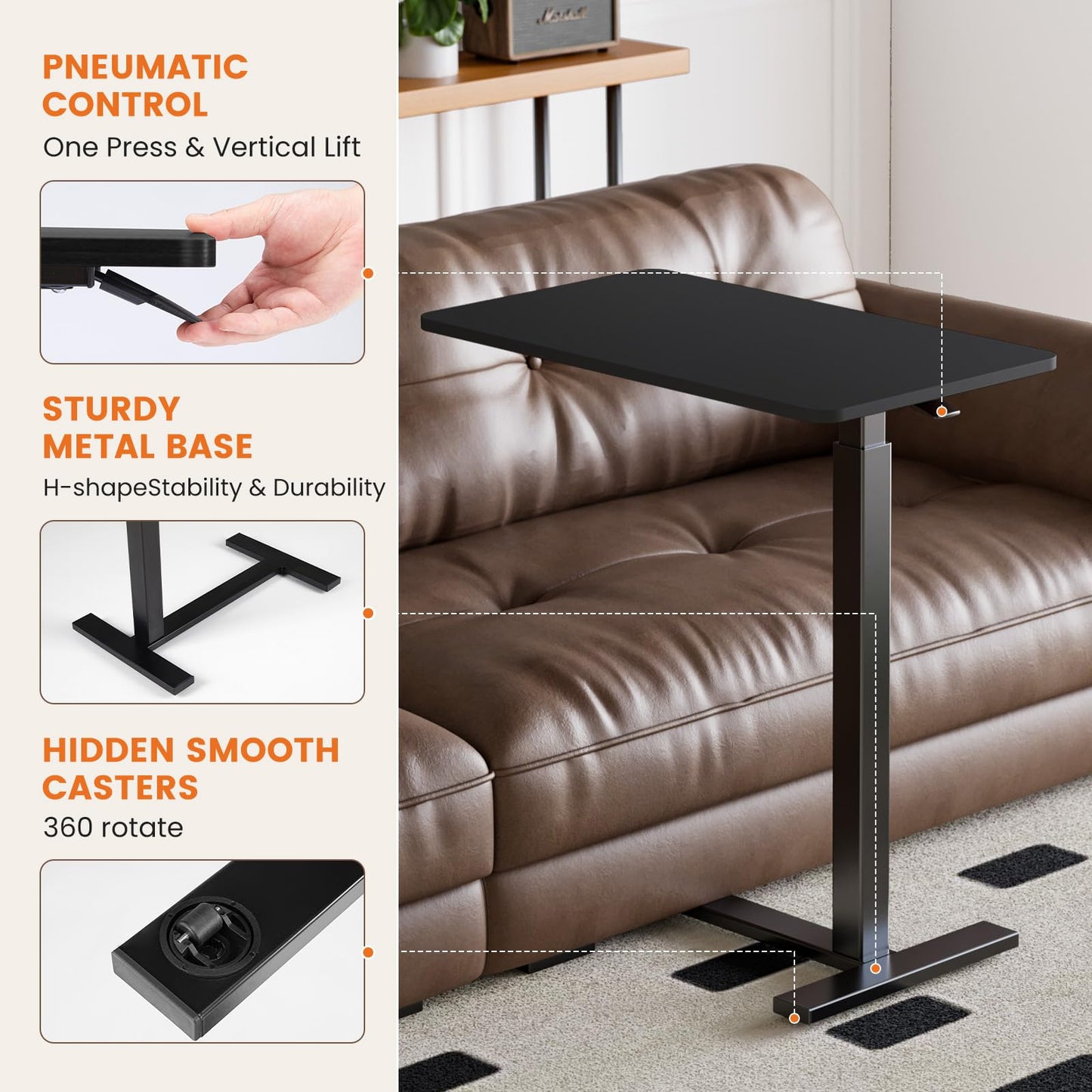 Sweetcrispy Overbed Bedside Table with Wheels, Adjustable Hospital & Home Use Bed Table, Rolling Laptop Table, Mobile Standing Desk, Black