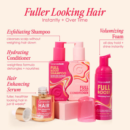 Grande Cosmetics GrandeHAIR Full Boost Starter Kit - Travel Size Shampoo, Conditioner, Volumizing Foam & Enhancing Serum - for Fuller & Thicker-Looking Hair