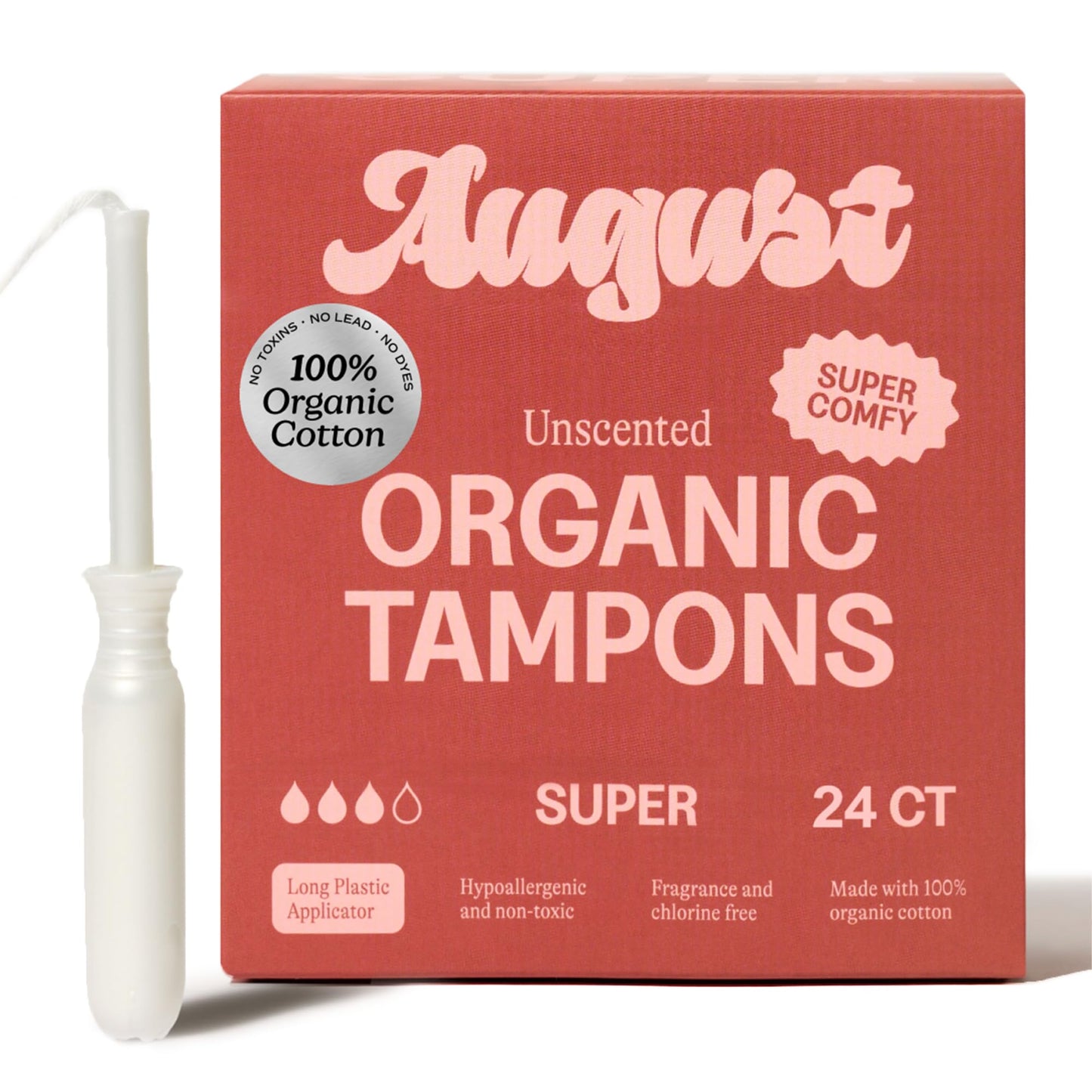 August Super Tampons - 24-Pack 100% Organic Cotton Tampons for Women and Anyone Who Menstruates, Non-Toxic, Fragrance-Free, and Hypoallergenic with Long Applicators