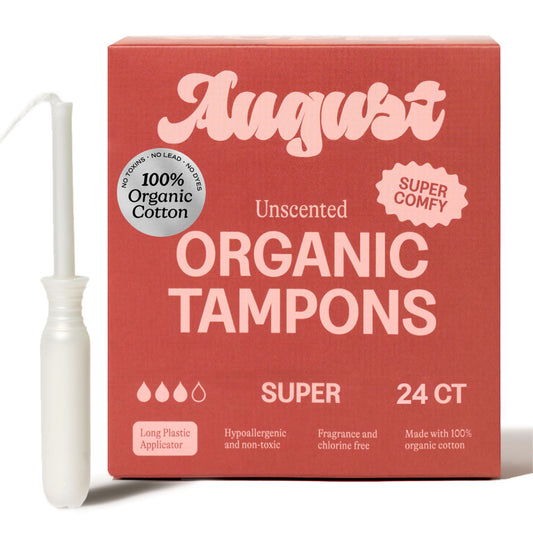August Super Tampons - 24-Pack 100% Organic Cotton Tampons for Women and Anyone Who Menstruates, Non-Toxic, Fragrance-Free, and Hypoallergenic with Long Applicators