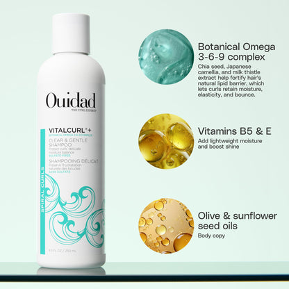 Ouidad VitalCurl+ Clear & Gentle Shampoo for Spiral Curls – Nourishing, Sulfate-Free Cleanser, Balances Curly Hair's pH to Retain Moisture, Elasticity, and Bounce, Silicone & Mineral Oil Free