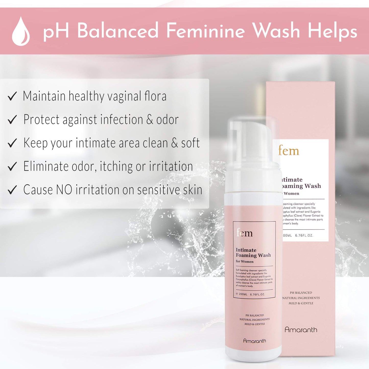 fem pH Balance Intimate Wash for Women, Feminine Wash for Sensitive Skin, Gentle Cleanser for Daily Use, Helps Eliminate Irritation, Itching, Odor (200ml / 6.8 fl oz)