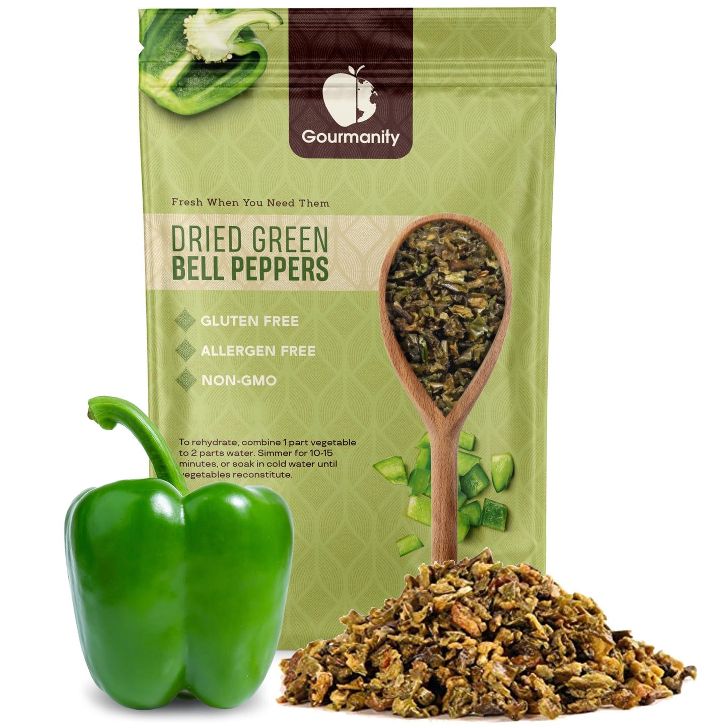 Gourmanity Dried Green Bell Peppers, Flavorful Diced Peppers Fresh and Appetizing, Perfect for Ramen Bae Ramen Toppings Soups Stir-Frys and Stews, All Natural, Packed in a Resealable Bag 4 oz