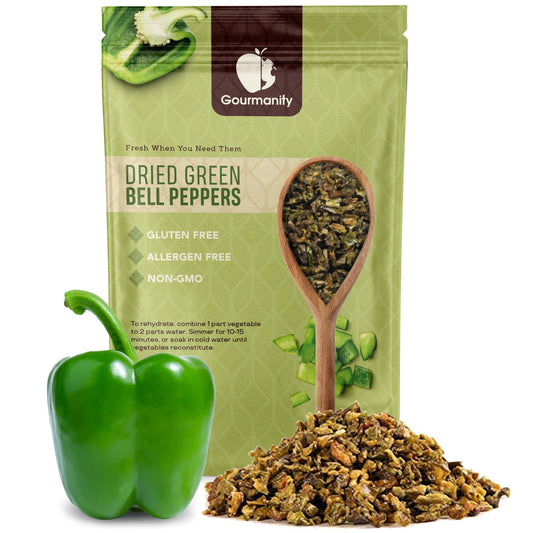 Gourmanity Dried Green Bell Peppers, Flavorful Diced Peppers Fresh and Appetizing, Perfect for Ramen Bae Ramen Toppings Soups Stir-Frys and Stews, All Natural, Packed in a Resealable Bag 4 oz