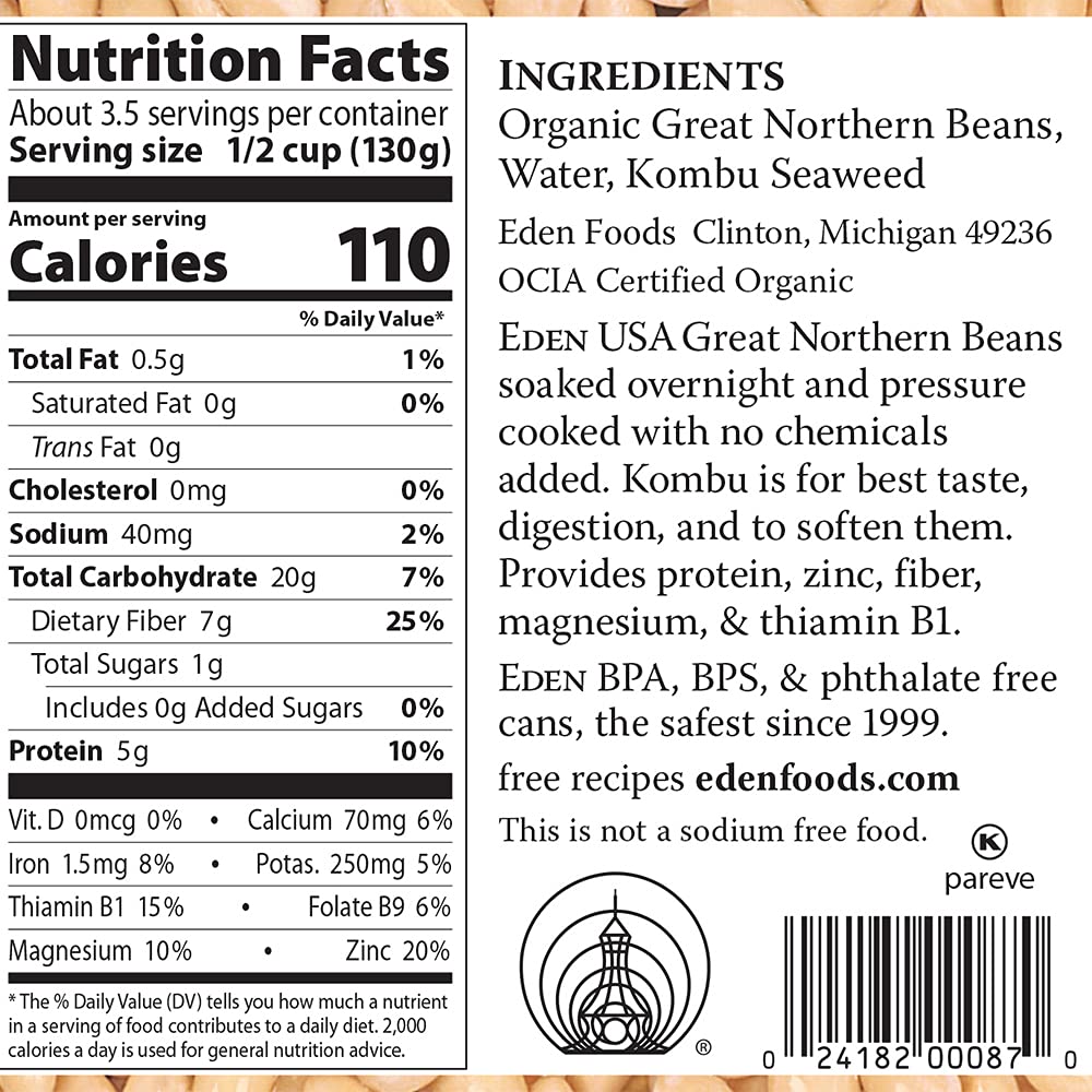 Eden Organic Great Northern Beans, 15 oz Can, No Salt, Non-GMO, Gluten Free, Vegan, Kosher, U.S. Grown, Heat and Serve, Macrobiotic, Similar to Cannellini, Smoother