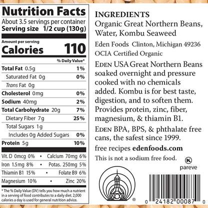 Eden Organic Great Northern Beans, 15 oz Can, No Salt, Non-GMO, Gluten Free, Vegan, Kosher, U.S. Grown, Heat and Serve, Macrobiotic, Similar to Cannellini, Smoother