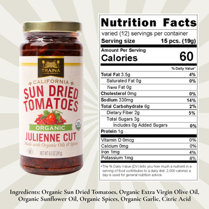 Traina Home Grown California Organic Sun Dried Tomatoes in Oil – Julienne Cut, Marinated with Italian Herbs & Olive Oil – California Grown – 2 Jars (8.5 oz Each)