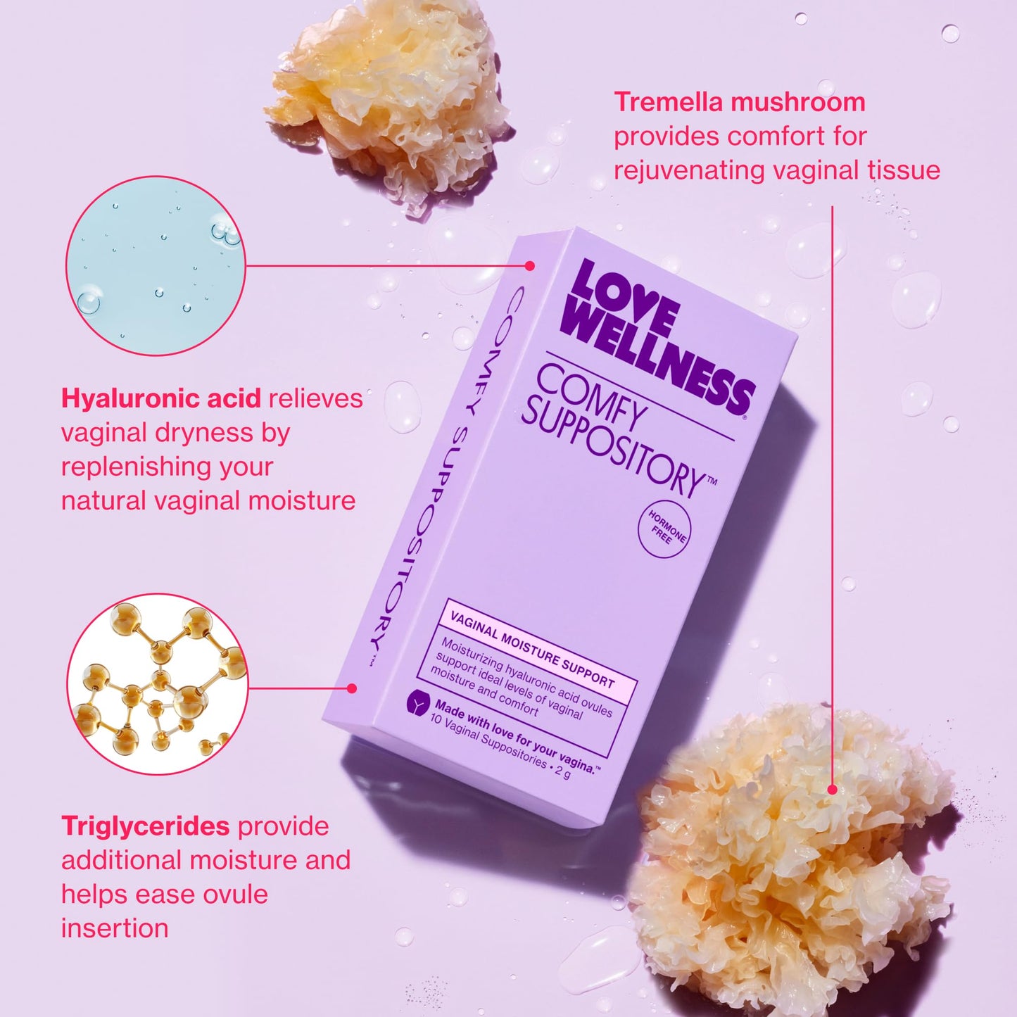 Love Wellness Comfy Suppository | Vaginal Moisture Suppository | Hormone-Free with Hyaluronic Acid & Tremella Mushroom for Vaginal Dryness Support | 10 Count