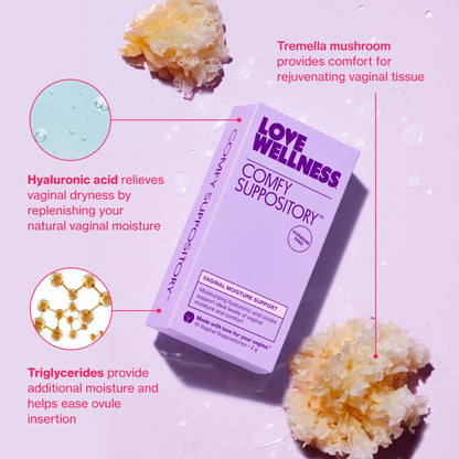 Love Wellness Comfy Suppository | Vaginal Moisture Suppository | Hormone-Free with Hyaluronic Acid & Tremella Mushroom for Vaginal Dryness Support | 10 Count