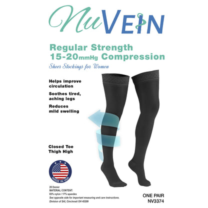 NuVein Sheer Compression Stockings for Women, 15-20 mmHg Support, Medium Denier, Thigh High, Closed Toe, Taupe, X-Large