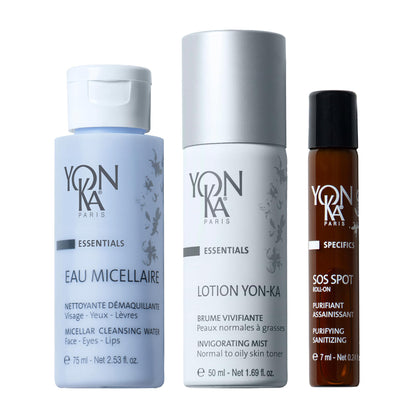 Yon-Ka Purity Travel Set | SOS Spot Roll-On, Eau Micellaire & Lotion Toner | Essential Kit to Cleanse, Purify, Tone & Hydrate Skin | For Dry or Sensitive Skin | 3-Piece Travel Size Set